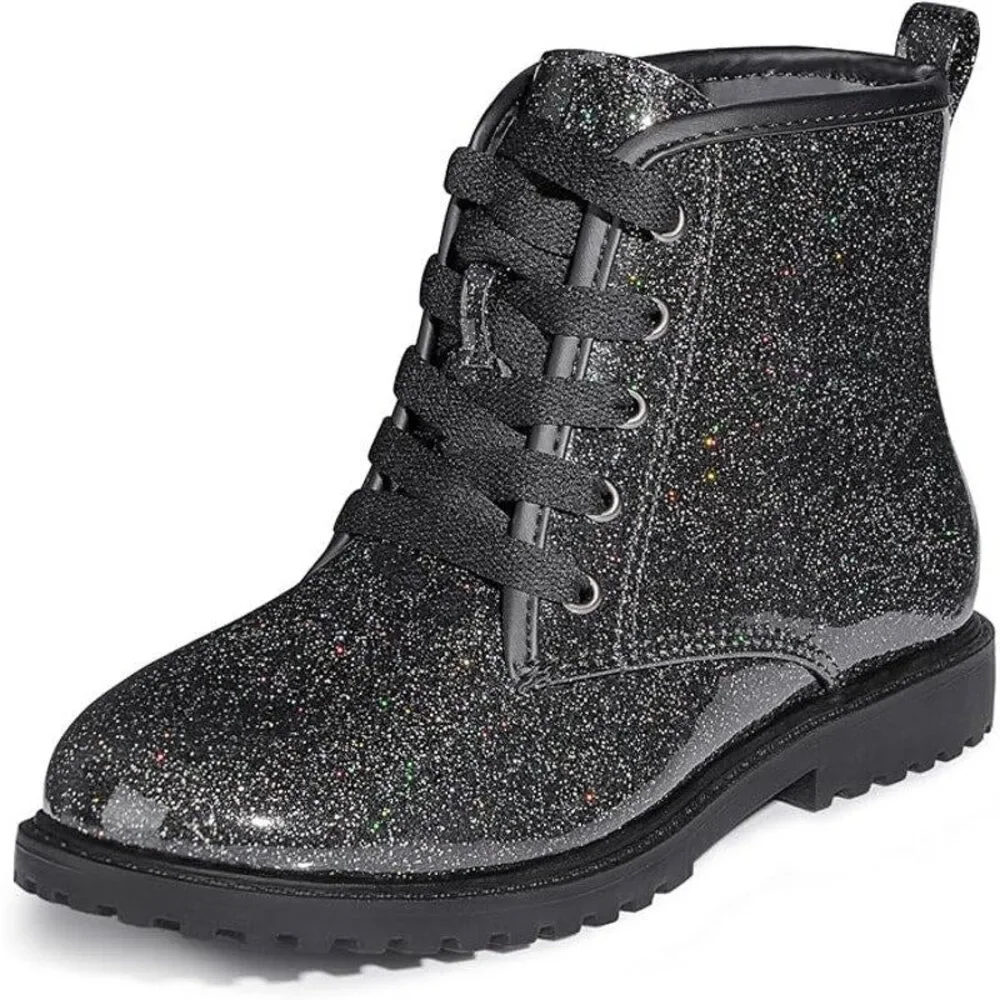 Fitory Girls Size 11 Black Sparkle Glitter Lace Up Side ZIp Ankle Combat Boots